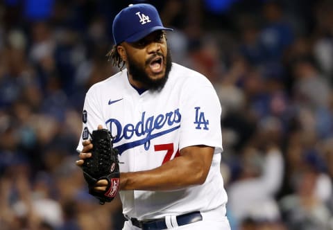 LOS ANGELES, CALIFORNIA – OCTOBER 19: Kenley Jansen #74 of the Los Angeles Dodgers reacts after a strikeout to end the game during the 9th inning of Game 3 of the National League Championship Series against the Atlanta Braves at Dodger Stadium on October 19, 2021 in Los Angeles, California. The Dodgers defeated the Braves 6-5 to win the game. (Photo by Sean M. Haffey/Getty Images)