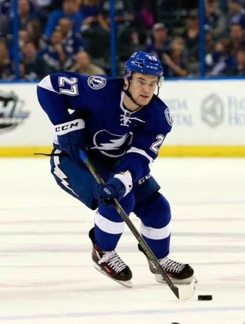 Dec 30, 2015; Tampa, FL, USA; Tampa Bay Lightning left wing Jonathan Drouin (27) skates with the puck against the New York Rangers during the second period at Amalie Arena. Mandatory Credit: Kim Klement-USA TODAY Sports