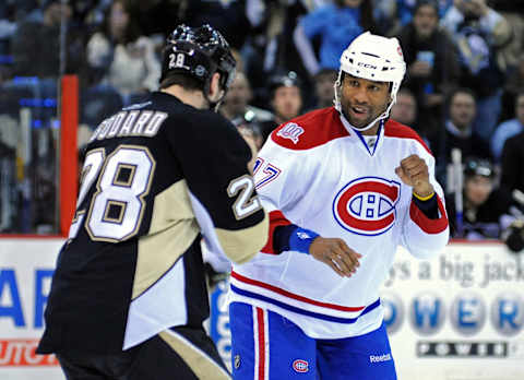 Feb 19, 2009; Pittsburgh, PA, USA; Montreal Canadiens wing Georges Laraque. Mandatory Credit: Dave Miller-USA TODAY Sports