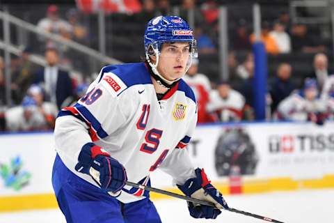 EDMONTON, AB – AUGUST 17: Matthew Knies #89 of United States skates during the game against Czechia in the IIHF World Junior Championship on August 17, 2022 at Rogers Place in Edmonton, Alberta, Canada (Photo by Andy Devlin/ Getty Images)