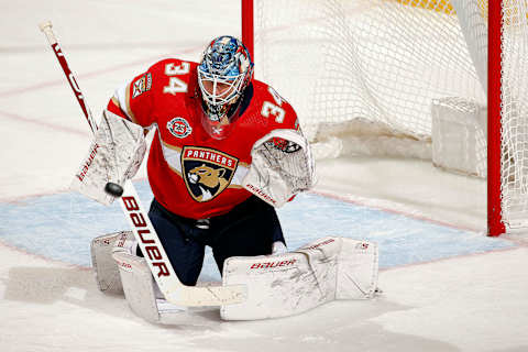 SUNRISE, FL – NOVEMBER 11: Goaltender James Reimer #34 of the Florida Panthers defends the net during their 5-1 against the Ottawa Senators at the BB&T Center on November 11, 2018 in Sunrise, Florida. (Photo by Eliot J. Schechter/NHLI via Getty Images)