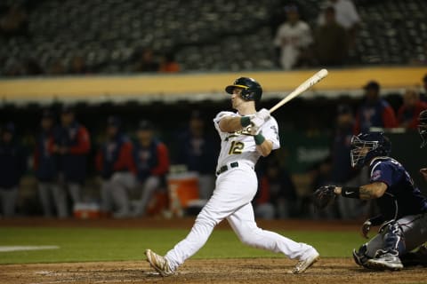 OAKLAND, CA – MAY 16: Sean Murphy #12 of the Oakland Athletics bats during the game against the Minnesota Twins at RingCentral Coliseum on May 16, 2022 in Oakland, California. The Twins defeated the Athletics 3-1. (Photo by Michael Zagaris/Oakland Athletics/Getty Images)