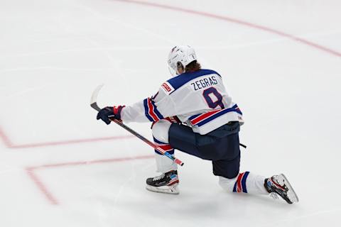 Trevor Zegras #9 of the United States. (Photo by Codie McLachlan/Getty Images)