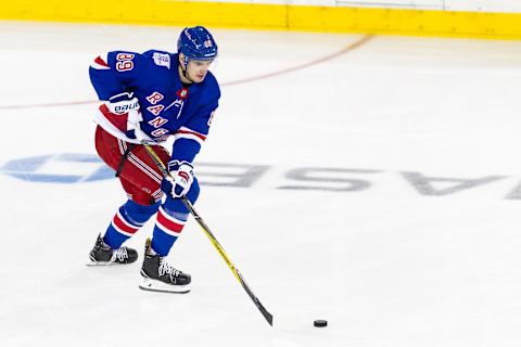 NEW YORK, NY – FEBRUARY 25: New York Rangers Right Wing Pavel Buchnevich (89) works through the neutral zone during the first period of a regular season NHL game between the Detroit Red Wings and the New York Rangers on February 25, 2018, at Madison Square Garden in New York, NY. (Photo by David Hahn/Icon Sportswire via Getty Images)