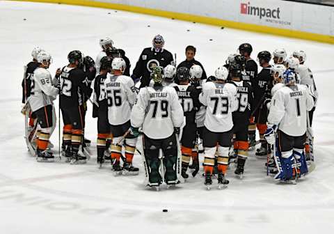 IRVINE, CA – JUNE 29: Anaheim Ducks players listen to Head Coach Dallas Eakins during an Anaheim Ducks Development Camp held on June 29, 2019 at FivePoint Arena at the Great Park Ice in Irvine, CA. (Photo by John Cordes/Icon Sportswire via Getty Images)