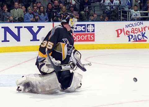 TORONTO, ON – MAY 7: Tom Barrasso #35 of the Pittsburgh Penguins skates against the Toronto Maple Leafs during the 1999 Quarter Finals of the NHL playoff game action at Air Canada Centre in Toronto, Ontario, Canada. (Photo by Graig Abel/Getty Images)