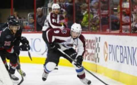 Oct 30, 2015; Raleigh, NC, USA; Colorado Avalanche forward Matt Duchene (9) skates with the puck against the Carolina Hurricanes at PNC Arena. The Hurricanes won 3-2. Mandatory Credit: James Guillory-USA TODAY Sports