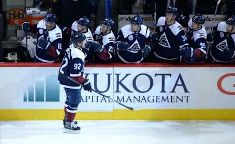 NHL Team Name Origins: Colorado Avalanche left wing Gabriel Landeskog (92) celebrates his goal with teammates on the bench in the first period against the Winnipeg Jets at the Pepsi Center. Mandatory Credit: Ron Chenoy-USA TODAY Sports