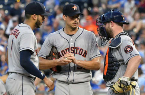 KANSAS CITY, MO – JUNE 15: Houston Astros shortstop Carlos Correa (1), Houston Astros starting pitcher Charlie Morton (50) and Houston Astros catcher Brian McCann (16) talk during a time out during a Major League Baseball game between the Houston Astros and the Kansas City Royals on June 15, 2018, at Kauffman Stadium, Kansas City, MO. Houston won 7-3. (Photo by Keith Gillett/Icon Sportswire via Getty Images)