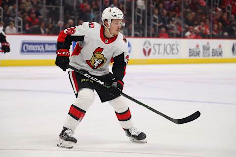 DETROIT, MICHIGAN – JANUARY 10: Rudolfs Balcers #38 of the Ottawa Senators skates against the Detroit Red Wings at Little Caesars Arena on January 10, 2020 in Detroit, Michigan. (Photo by Gregory Shamus/Getty Images)