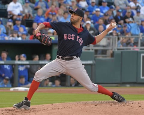 May 18, 2016; Kansas City, MO, USA; Boston Red Sox starting pitcher David Price (24) delivers a pitch in the first inning against the Kansas City Royals at Kauffman Stadium. Boston won 5-2. Mandatory Credit: Denny Medley-USA TODAY Sports