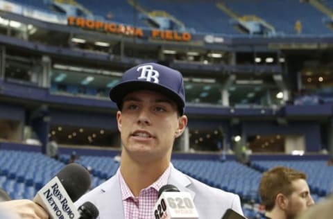 Jun 17, 2016; St. Petersburg, FL, USA; Tampa Bay Rays first round draft pick Josh Lowe talks with media prior to the game against the San Francisco Giants at Tropicana Field. Mandatory Credit: Kim Klement-USA TODAY Sports