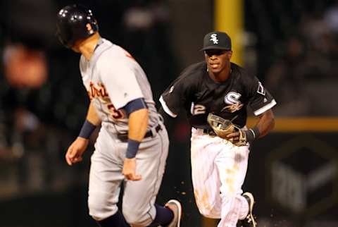 Jun 13, 2016; Chicago, IL, USA; Detroit Tigers second baseman Ian Kinsler (3) get into a rundown with Chicago White Sox shortstop Tim Anderson (12) during the ninth inning at U.S. Cellular Field. Mandatory Credit: Caylor Arnold-USA TODAY Sports