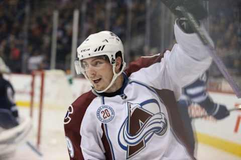 Nov 23, 2015; Winnipeg, Manitoba, CAN; Colorado Avalanche center Matt Duchene (9) celebrates his goal during the third period against the Winnipeg Jets at MTS Centre. Colorado wins 4-1. Mandatory Credit: Bruce Fedyck-USA TODAY Sports