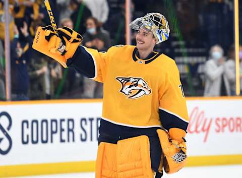 Nashville Predators goaltender Juuse Saros (74)  Mandatory Credit: Christopher Hanewinckel-USA TODAY Sports