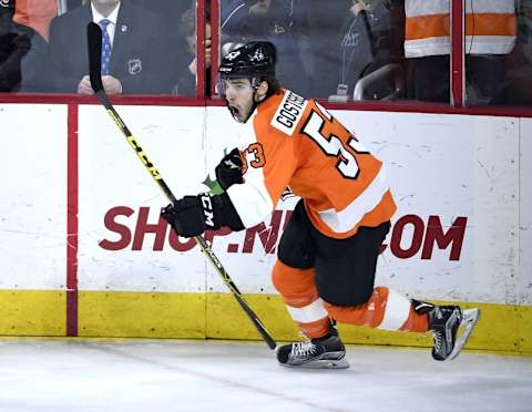 Dec 15, 2015; Philadelphia, PA, USA; Philadelphia Flyers defenseman Evgeny Medvedev (82) skates against Carolina Hurricanes during the first period at Wells Fargo Center. The Flyers defeated the Hurricanes, 4-3 in overtime. Mandatory Credit: Eric Hartline-USA TODAY Sports