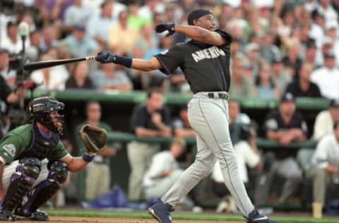 DENVER – JULY 6: Ken Griffey Jr. participates in the Home Run Derby prior to the 69th MLB All-Star Game at Coors Field on July 6, 1998 in Denver, Colorado. (Photo by Brian Bahr/Getty Images)