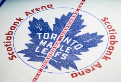 TORONTO, ON – JANUARY 12: Toronto Maple Leafs logo pictured at centre ice at the Scotiabank Arena on January 12, 2019 in Toronto, Ontario, Canada. (Photo by Mark Blinch/NHLI via Getty Images)