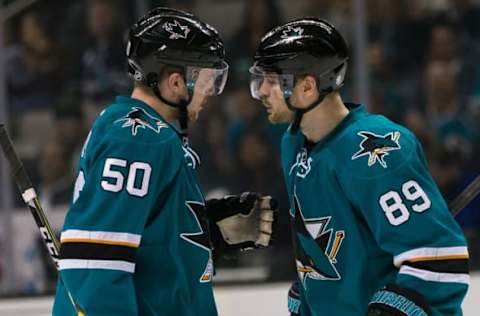 NHL Power Rankings: San Jose Sharks left wing Mikkel Boedker (89) and center Chris Tierney (50) talk before a power play face-off against the Ottawa Senatorsin the second period at SAP Center at San Jose. Mandatory Credit: John Hefti-USA TODAY Sports