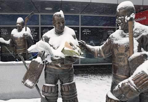 Feb 10, 2018; Toronto, Ontario, CAN; Statues of Johnny Bower and Turk Broda   Mandatory Credit: Tom Szczerbowski-USA TODAY Sports