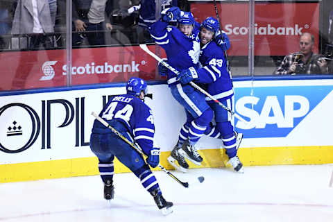 TORONTO, ON – APRIL 17: Toronto Maple Leafs Center Nazem Kadri (43) and Toronto Maple Leafs Center Tyler Bozak (42). (Photo by Gerry Angus/Icon Sportswire via Getty Images)