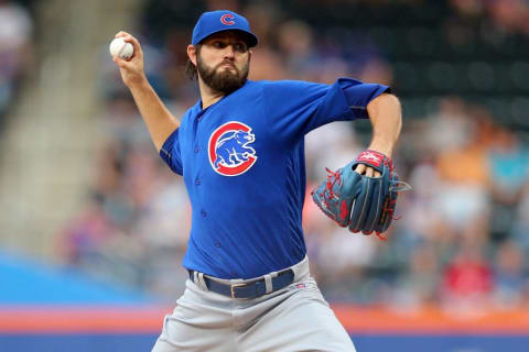 Jul 1, 2016; New York City, NY, USA; Chicago Cubs starting pitcher Jason Hammel (39) pitches against the New York Mets during the first inning at Citi Field. Mandatory Credit: Brad Penner-USA TODAY Sports