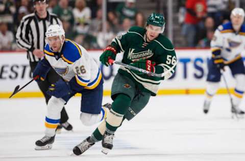 Apr 22, 2017; Saint Paul, MN, USA; Minnesota Wild forward Erik Haula (56) skates after the puck in the second period against the St Louis Blues in game five of the first round of the 2017 Stanley Cup Playoffs at Xcel Energy Center. Mandatory Credit: Brad Rempel-USA TODAY Sports