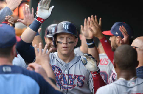 BALTIMORE, MD – JULY 01: One of the biggest individual player surprises of the 2017 season, Logan Morrison, helps the surprising Rays into the top ten.