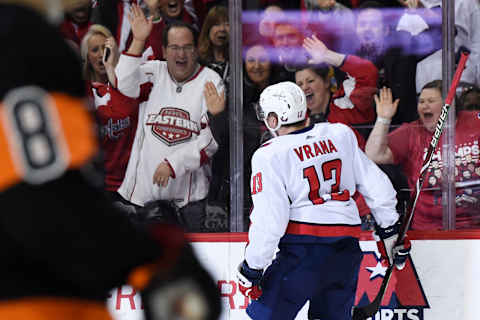 WASHINGTON, DC – MARCH 24: Jakub Vrana #13 of the Washington Capitals celebrates after scoring a goal in the third period against the Philadelphia Flyers at Capital One Arena on March 24, 2019 in Washington, DC. (Photo by Patrick McDermott/NHLI via Getty Images)