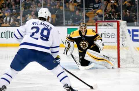 BOSTON, MA – APRIL 21: Boston Bruins goalie Tuukka Rask (40) eyes the shot from Toronto Maple Leafs right wing William Nylander (29) during Game 5 of the First Round for the 2018 Stanley Cup Playoffs between the Boston Bruins and the Toronto Maple Leafs on April 21, 2018, at TD Garden in Boston, Massachusetts. The Maple Leafs defeated the Bruins 4-3. (Photo by Fred Kfoury III/Icon Sportswire via Getty Images)