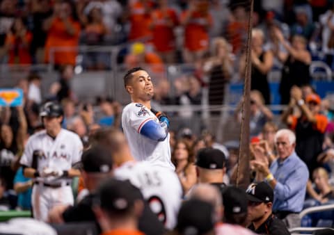 MIAMI, FL – OCTOBER 01: Giancarlo Stanton #27 of the Miami Marlins receives a standing ovation after his final at-bat of the 2017 season during the ninth inning of the game against the Atlanta Braves at Marlins Park on October 1, 2017 in Miami, Florida. (Photo by Rob Foldy/Miami Marlins via Getty Images)