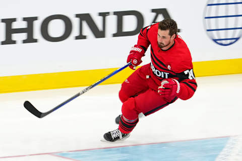 Feb 3, 2023; Sunrise, Florida, USA; Detroit Red Wings center Dylan Larkin (71) skates during the fastest skater in the 2023 NHL All-Star Skills Competition at FLA Live Arena. Mandatory Credit: Jasen Vinlove-USA TODAY Sports