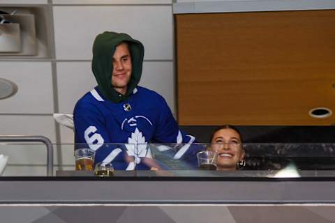 TORONTO, ON – NOVEMBER 24: Hailey Baldwin and Justin Bieber take in the Toronto Maple Leafs game against the Philadelphia Flyers at the Scotiabank Arena on November 24, 2018 in Toronto, Ontario, Canada. (Photo by Mark Blinch/NHLI via Getty Images)