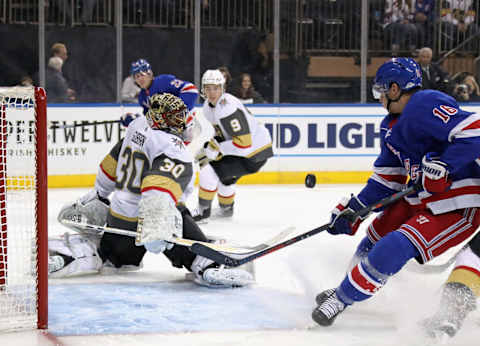 Malcolm Subban #30 of the Vegas Golden Knights makes the second period save on Ryan Strome #16 of the New York Rangers