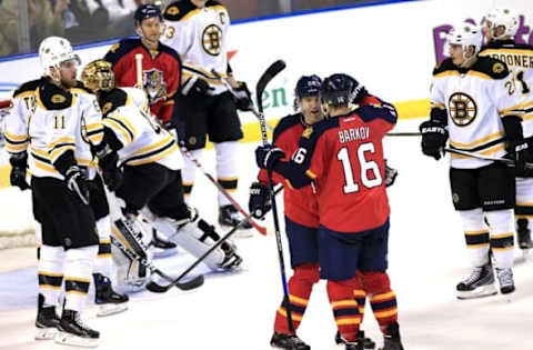 Mar 7, 2016; Sunrise, FL, USA; Florida Panthers right wing Jaromir Jagr (68) records an assist on a goal by center Aleksander Barkov (16) against the Boston Bruins in the first period at BB&T Center. This assist gives Jagr second place all time in points. Mandatory Credit: Robert Mayer-USA TODAY Sports