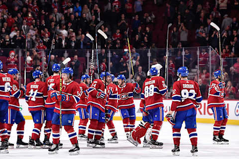 MONTREAL, QC – OCTOBER 28: Members of the Montreal Canadiens acknowledge the fans after defeating the New York Rangers 5-4 during the NHL game at the Bell Centre on October 28, 2017 in Montreal, Quebec, Canada. (Photo by Minas Panagiotakis/Getty Images)