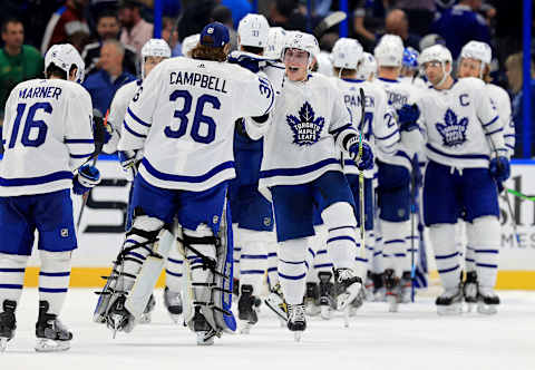 TAMPA, FLORIDA – FEBRUARY 25: Travis Dermott #23 of the Toronto Maple Leafs celebrates winning a game against the Tampa Bay Lightning at Amalie Arena on February 25, 2020 in Tampa, Florida. (Photo by Mike Ehrmann/Getty Images)