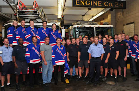 NEW YORK, NY – SEPTEMBER 06: New York Rangers visit FDNY firemen at Engine Co. 24 firehouse for the New York Rangers and Garden of Dreams 9/11 Road Tour on September 6, 2011 in New York City. (Photo by James Devaney/WireImage)