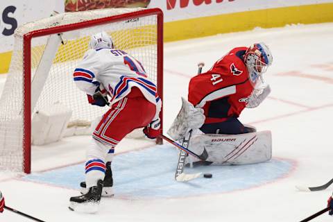 Washington Capitals goaltender Vitek Vanecek (41) makes a save on New York Rangers center Ryan Strome (16) Credit: Geoff Burke-USA TODAY Sports