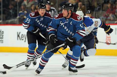 DENVER – NOVEMBER 15: Defenseman and team captain Adam Foote #52 of the Colorado Avalanche skates against the St. Louis Blues at the Pepsi Center on November 15, 2010 in Denver, Colorado. The Avalanche defeated the Blues 6-3. (Photo by Doug Pensinger/Getty Images)