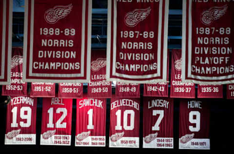 DETROIT, MI – JUNE 10: The Detroit Red Wings’ #9 of legendary Hockey Hall of Famer Gordie Howe hangs in the rafters at Joe Jouis Arena June 10, 2016 in Detroit Michigan. Gordie Howe, aka “Mr. Hockey”, the legendary hockey Hall of Famer who played for the Detroit Red Wings for 25 years and who scored 801 goals in his career, died today in Toledo at the age of 88. (Photo by Bill Pugliano/Getty Images)