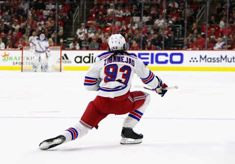 RALEIGH, NORTH CAROLINA – MAY 26: Mika Zibanejad #93 of the New York Rangers celebrates his powerplay goal at 17:03 of the first period against the Carolina Hurricanes in Game Five of the Second Round of the 2022 Stanley Cup Playoffs at PNC Arena on May 26, 2022 in Raleigh, North Carolina. (Photo by Bruce Bennett/Getty Images)