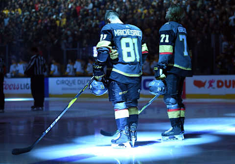 LAS VEGAS, NV – JANUARY 23: The Vegas Golden Knights stand at attention during the national anthem prior to a game against the Nashville Predators at T-Mobile Arena on January 23, 2019 in Las Vegas, Nevada. (Photo by Jeff Bottari/NHLI via Getty Images)