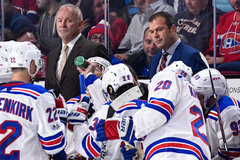 MONTREAL, QC – OCTOBER 28: Head coach of the New York Rangers Alain Vigneault gathers his players in the third period against the Montreal Canadiens during the NHL game at the Bell Centre on October 28, 2017 in Montreal, Quebec, Canada. The Montreal Canadiens defeated the New York Rangers 5-4. (Photo by Minas Panagiotakis/Getty Images)