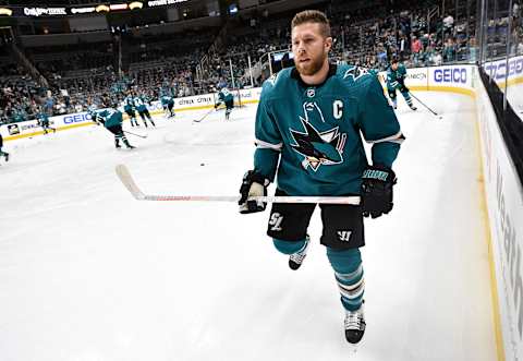 SAN JOSE, CA – MAY 08: Joe Pavelski #8 of the San Jose Sharks skates during warmups against the Colorado Avalanche in Game Seven of the Western Conference Second Round during the 2019 NHL Stanley Cup Playoffs at SAP Center on May 8, 2019 in San Jose, California (Photo by Brandon Magnus/NHLI via Getty Images)