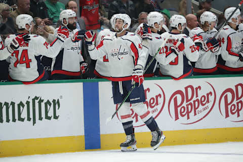 DALLAS, TX – OCTOBER 12: Tom Wilson #43 of Washington Capitals celebrates a goal against the Dallas Stars at the American Airlines Center on October 12, 2019 in Dallas, Texas. (Photo by Glenn James/NHLI via Getty Images)