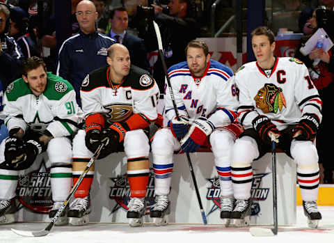 COLUMBUS, OH – JANUARY 24: (L-R) Team Toews players Tyler Seguin #91 of the Dallas Stars, Ryan Getzlaf #15 of the Anaheim Ducks, Rick Nash #61 of the New York Rangers and captain Jonathan Toews #19 of the Chicago Blackhawks watches the Honda NHL Breakaway Challenge event of the 2015 Honda NHL All-Star Skills Competition at Nationwide Arena on January 24, 2015 in Columbus, Ohio. (Photo by Dave Sandford/NHLI via Getty Images)