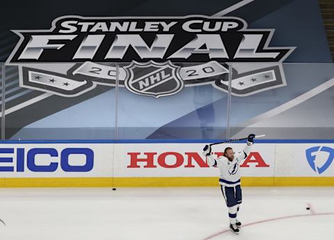 Steven Stamkos #91 of the Tampa Bay Lightning skates in warm-ups prior to the game against the Dallas Stars in Game Three of the 2020 NHL Stanley Cup Final. (Photo by Bruce Bennett/Getty Images)