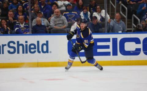 ST LOUIS, MO – OCTOBER 26: Vladimir Tarasenko #91 of the St. Louis Blues shoots the puck against the Edmonton Oilers at Enterprise Center on October 26, 2022 in St Louis, Missouri. (Photo by Dilip Vishwanat/Getty Images)