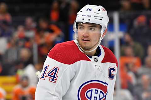 Mar 28, 2023; Philadelphia, Pennsylvania, USA; Montreal Canadiens center Nick Suzuki (14) against the Philadelphia Flyers at Wells Fargo Center. Mandatory Credit: Eric Hartline-USA TODAY Sports